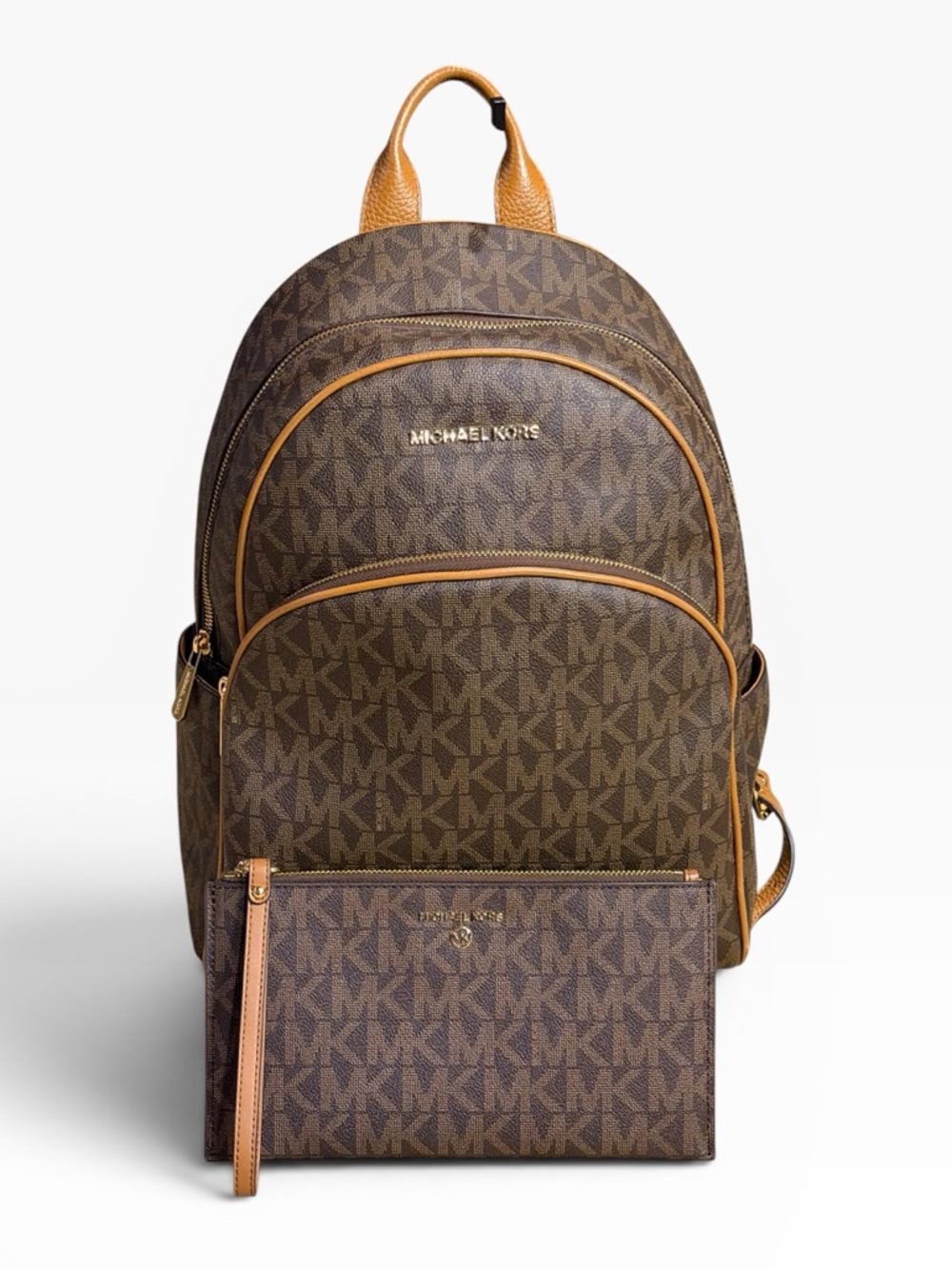 Michael Kors Abbey Large Cargo Backpack Signature Logo Brown Acorn Set